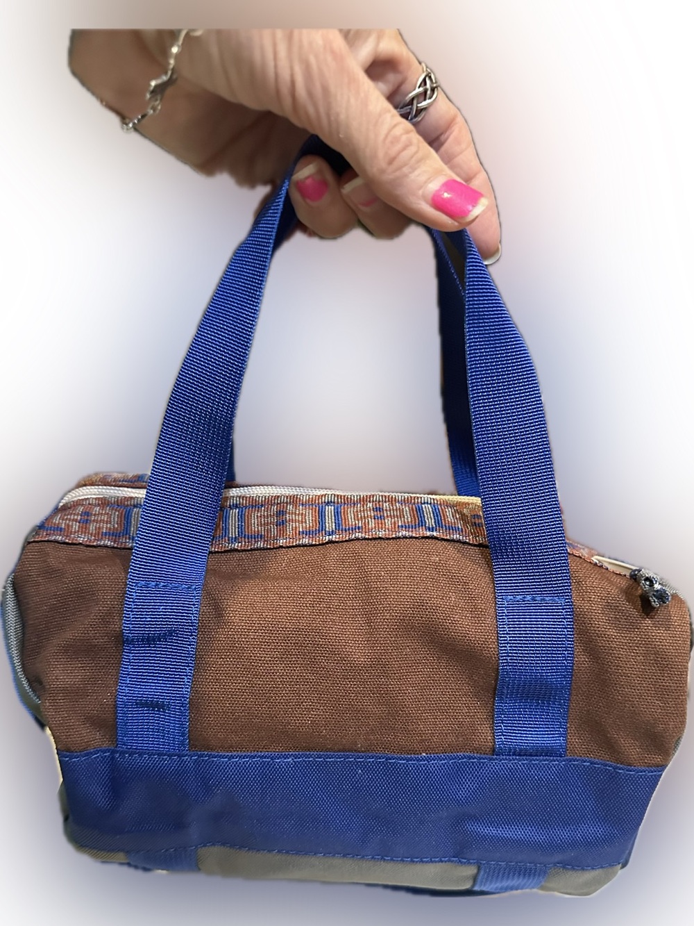 KAVU UNISEX MINI SMALL DUFFLE BAG BROWN BLUE CARRYALL PURSE TRAVEL HANDLED XBODY - Picture 2 of 11